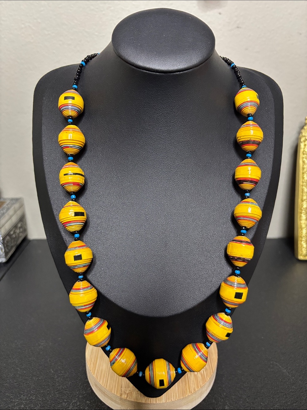 Handmade Yellow Paper Bead Necklace with Blue Accents Handcrafted Colorful